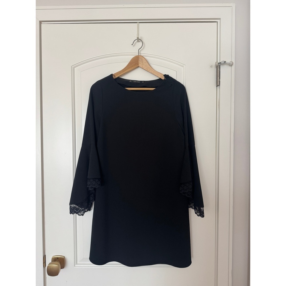 Zara Basic Black Bell Sleeve Dress Lace Trim Cocktail Party Medium LBD Midi